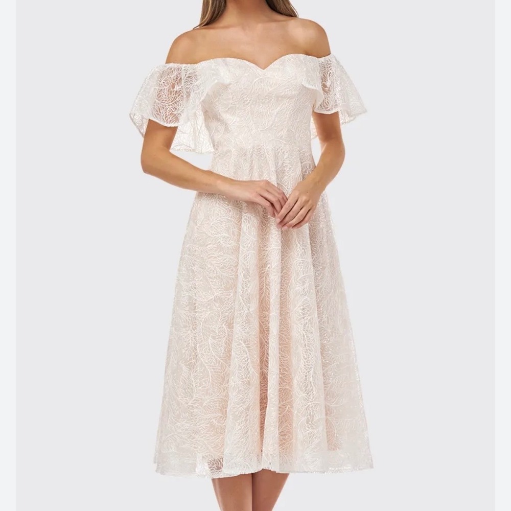 Carmen Marc Valvo Infusion Cream Lace Sequin Off Shoulder Midi Dress‎ 12 6612306